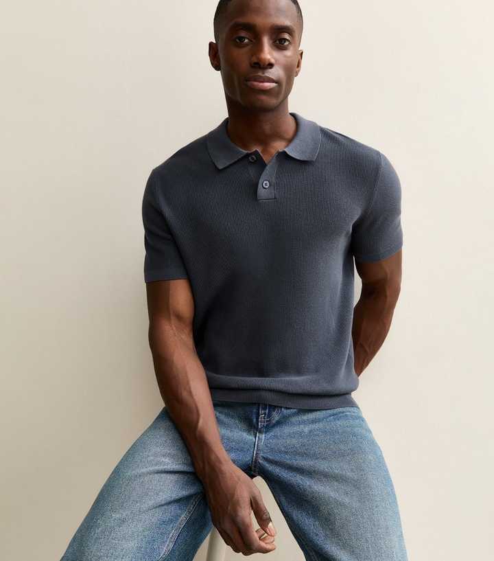 Dark Blue Regular Short Sleeve Textured Polo Top