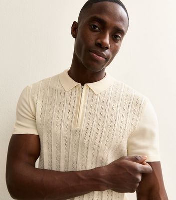 Cream Rib Knit Quarter Zip Polo Shirt | New Look