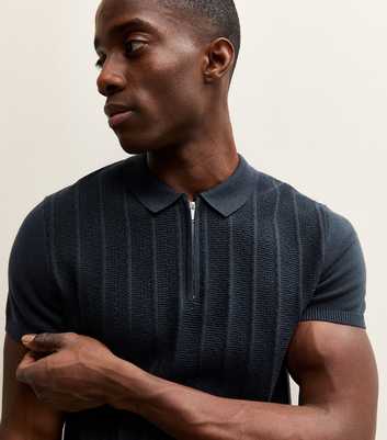 Navy Rib Knit Quarter Zip Polo Shirt