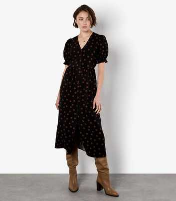 Apricot Black Spot Print Button Down Dress
