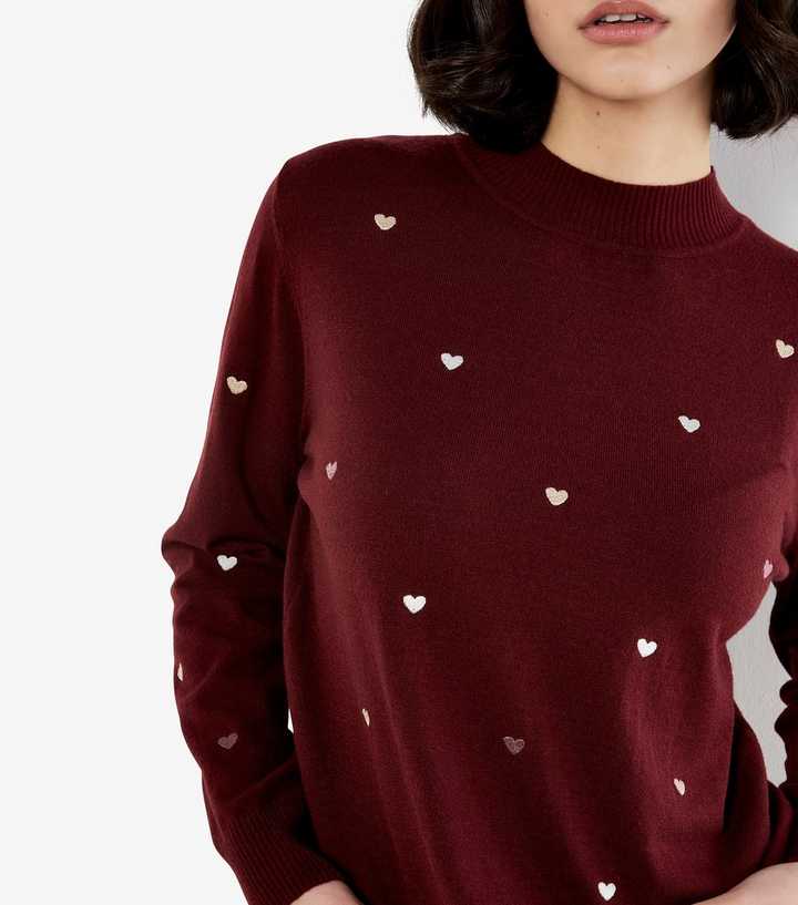 Apricot Dark Burgundy Heart Embroidered Fine Knit Jumper New Look