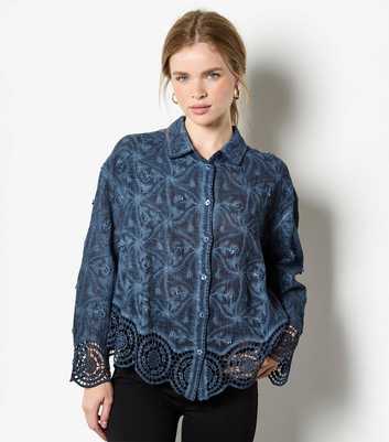 Apricot Navy Floral Crochet Hem Blouse