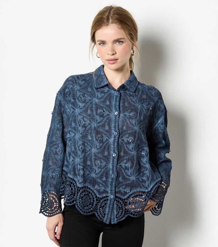 Apricot Navy Floral Crochet Hem Blouse