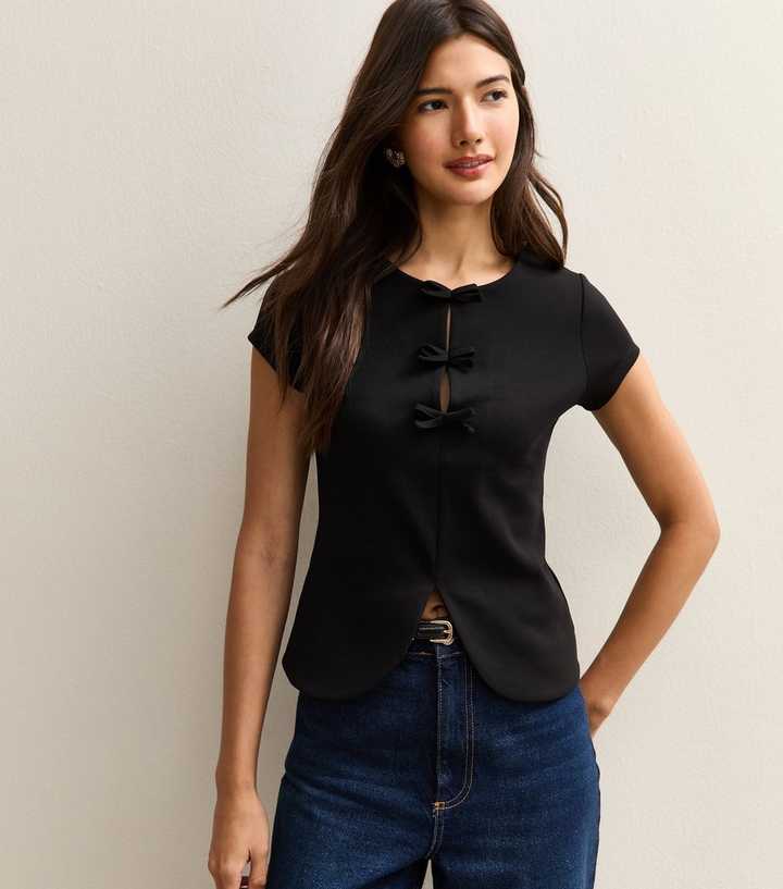 Black Bow Detail Short Sleeve Top