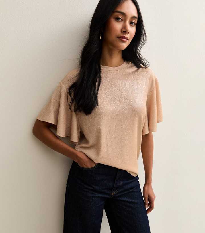 Rose Gold Metallic Jersey Flutter Sleeve Top