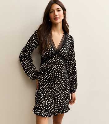 Black Spotty Lace Trim Mini Dress