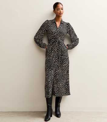 Black Crinkled Spotty Print Shirt Dress