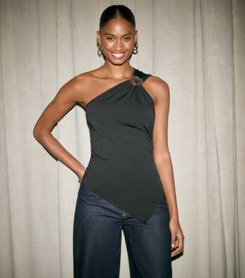 Black One Shoulder Buckle Detail Top