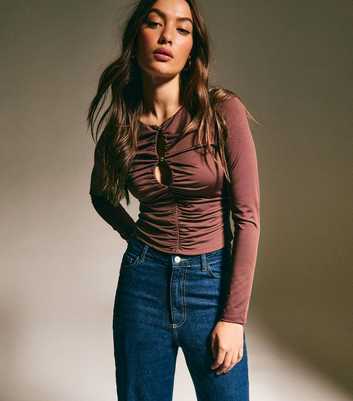 Dark Brown Ruched Cutout Long Sleeve Top