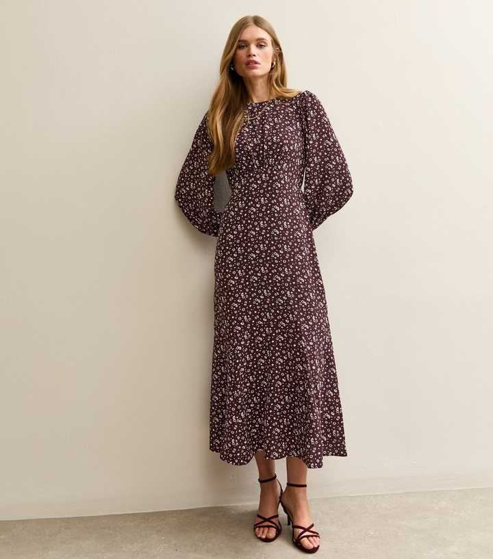 Burgundy Floral Godet  Midi Dress