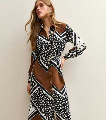 Black Patchwork Print Midi Shirt Dress