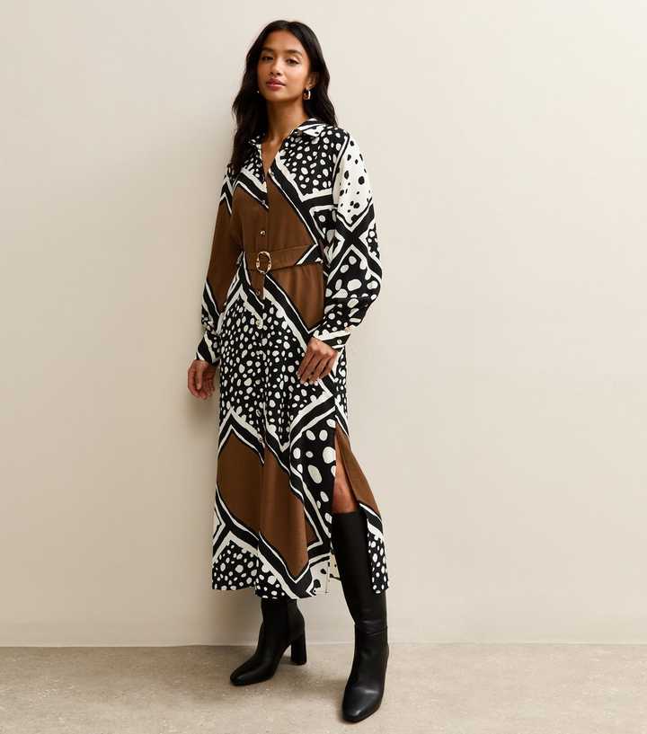 Petite Black Patchwork Print Midi Shirt Dress