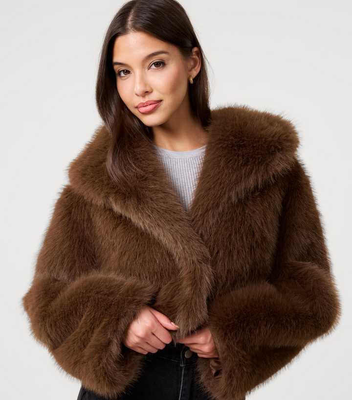 Pink Vanilla Brown Faux Fur Cropped Fur Jacket
