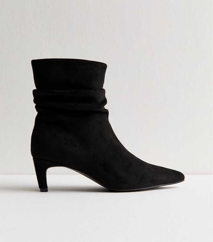 Black Faux Suede Ruched Pointed Toe Ankle Boots