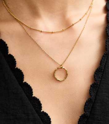 Gold Tone Waterproof 2 Layer Circle Pendant Necklace