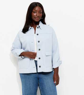 Curves Light Blue Cotton Flap Pocket Shacket