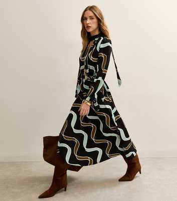 Light Blue and Brown Ribbon Long Sleeve Pussybow Midi Dress