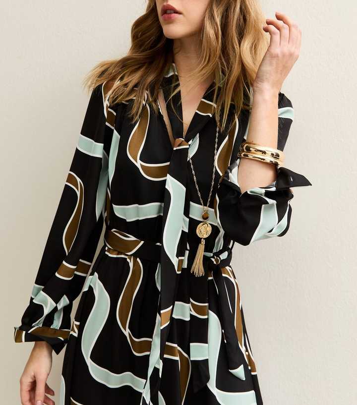 Light Blue and Brown Ribbon Long Sleeve Pussybow Midi Dress | New Look