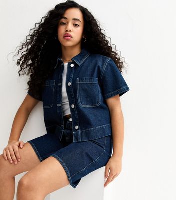 Girls Blue Patch Pocket Denim Shirt