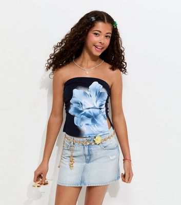 Girls Light Blue Distressed Denim Mini Skort
