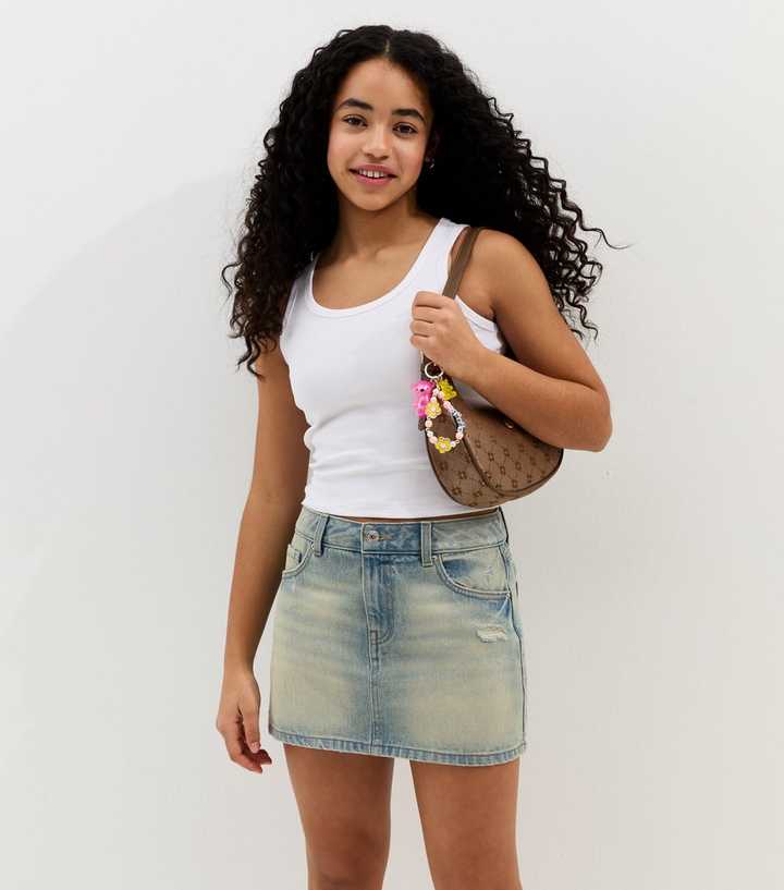 Girls Light Blue Distressed Denim Mini Skort