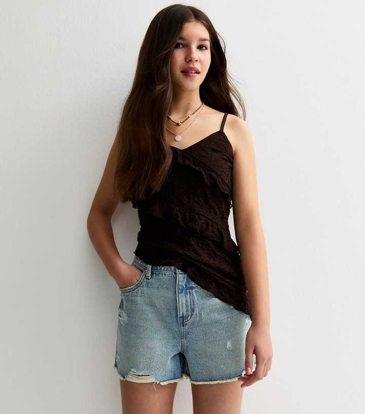 Girls Light Blue Ripped Denim Mom Shorts