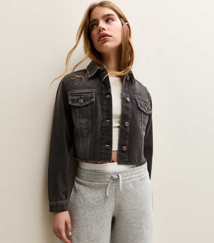 Girls Black Distressed Cropped Denim Jacket