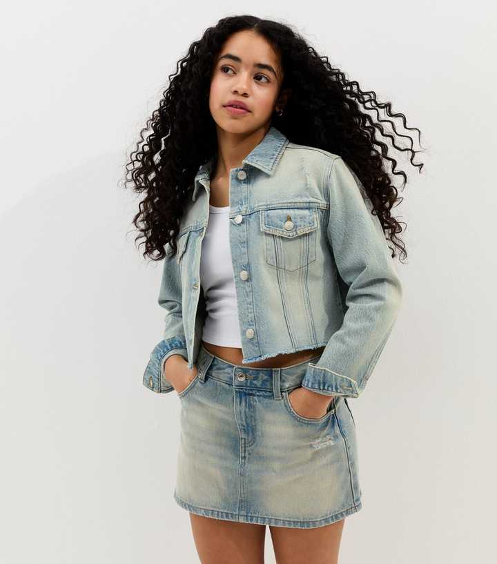 Girls Light Blue Bleach Effect Cropped Denim Jacket