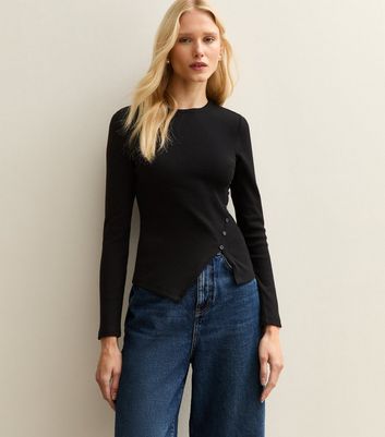 Black Asymmetric Button Long Sleeve Top | New Look