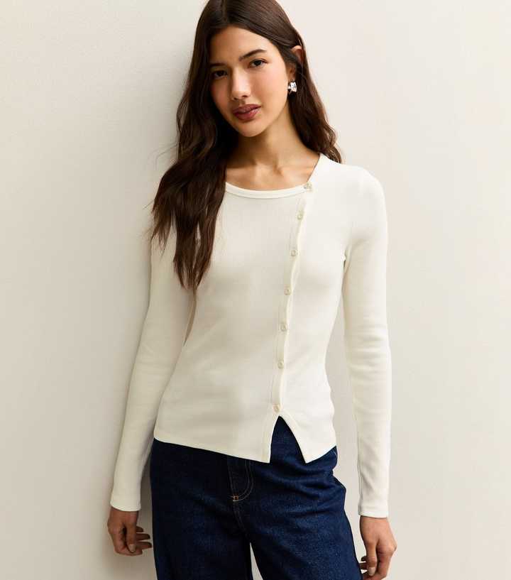 Off White Asymmetric Button Long Sleeve Top