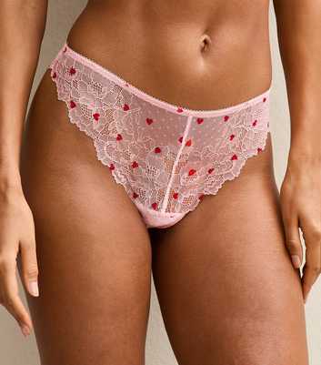 Pink Heart Print Lace Thong