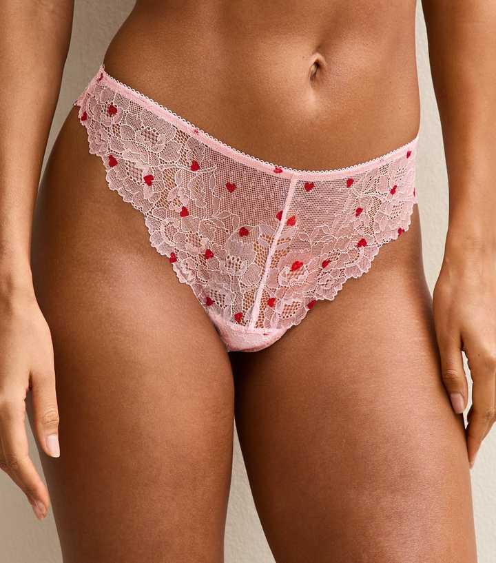 Pink Heart Print Lace Thong