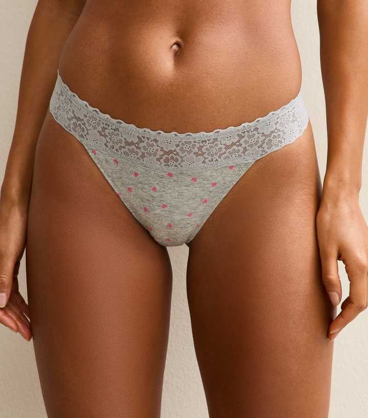 Light Grey Heart Print Lace Top Thong