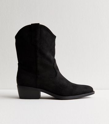 Black Faux Suede Mid Calf Western Boots
