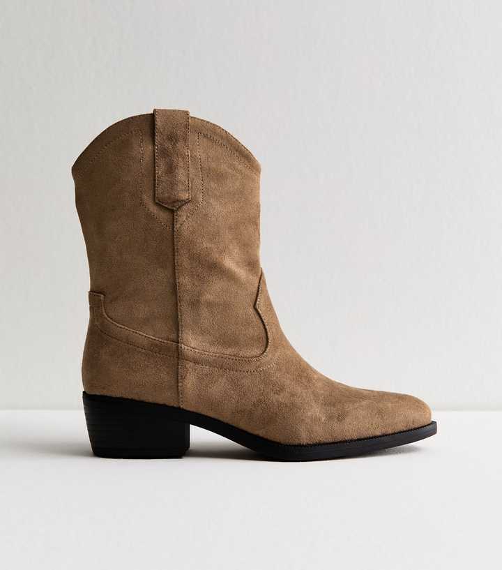 Camel Faux Suede Mid Calf Western Boots