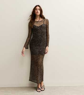 Brown Leopard Print Cowl Back Mesh Midi Dress