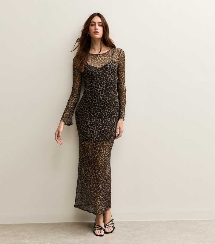 Brown Leopard Print Cowl Back Mesh Midi Dress