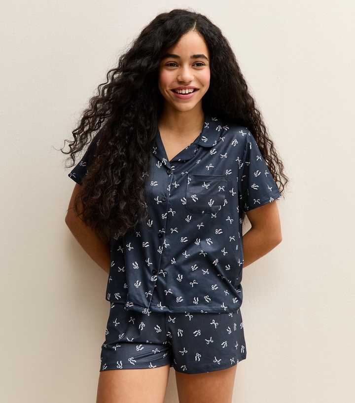Girls Navy Jersey Bow Print Shirt and Shorts Pyjama Set