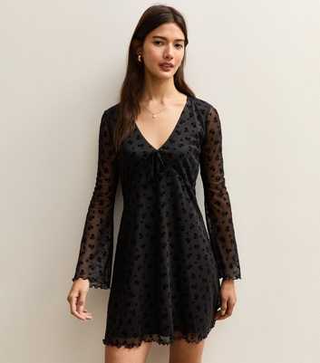 Black Flocked Mesh Flared Sleeve Mini Dress