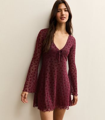 Dark Burgundy Flocked Mesh Flared Sleeve Mini Dress