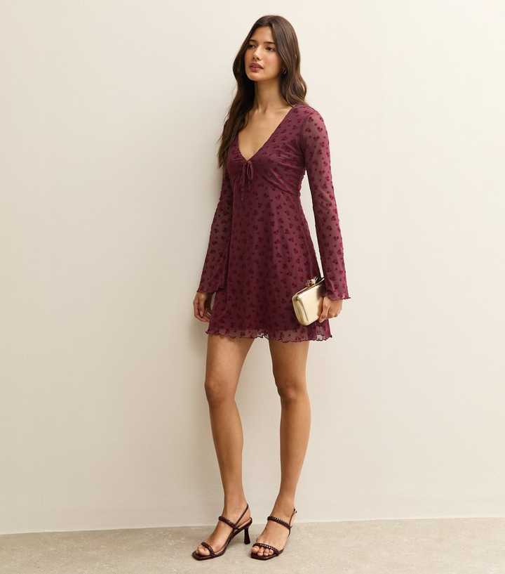 Dark Burgundy Flocked Mesh Flared Sleeve Mini Dress | New Look