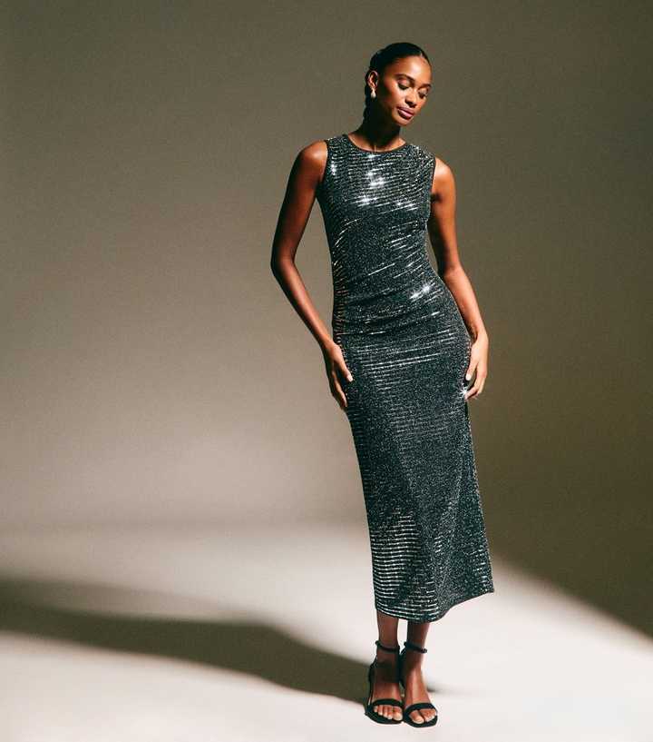 midi silver glitter dress Champagne Sequin Midi Dress With Slit main image 1