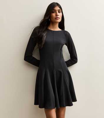 Black Slash Neck Long Sleeve Skater Dress