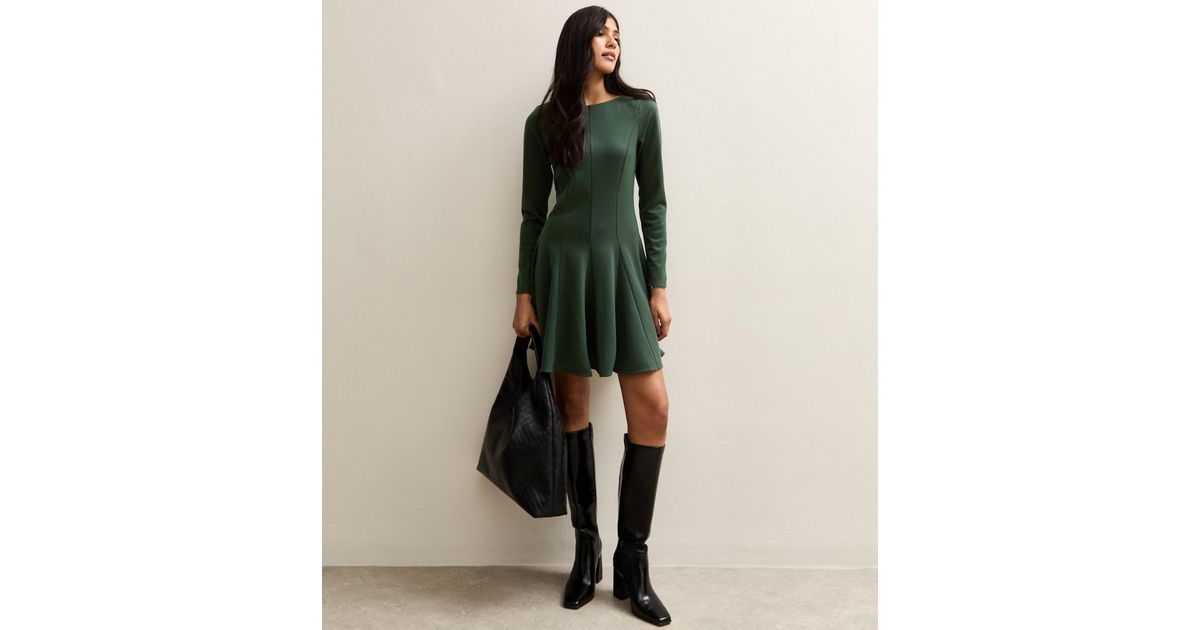 Dark Green Slash Neck Long Sleeve Skater Dress | New Look