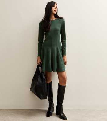 Dark Green Slash Neck Long Sleeve Skater Dress