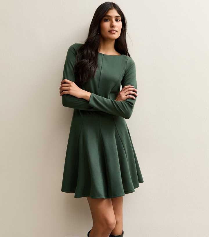 Dark Green Slash Neck Long Sleeve Skater Dress Dark Green Slash Neck Long Sleeve Skater Dress
