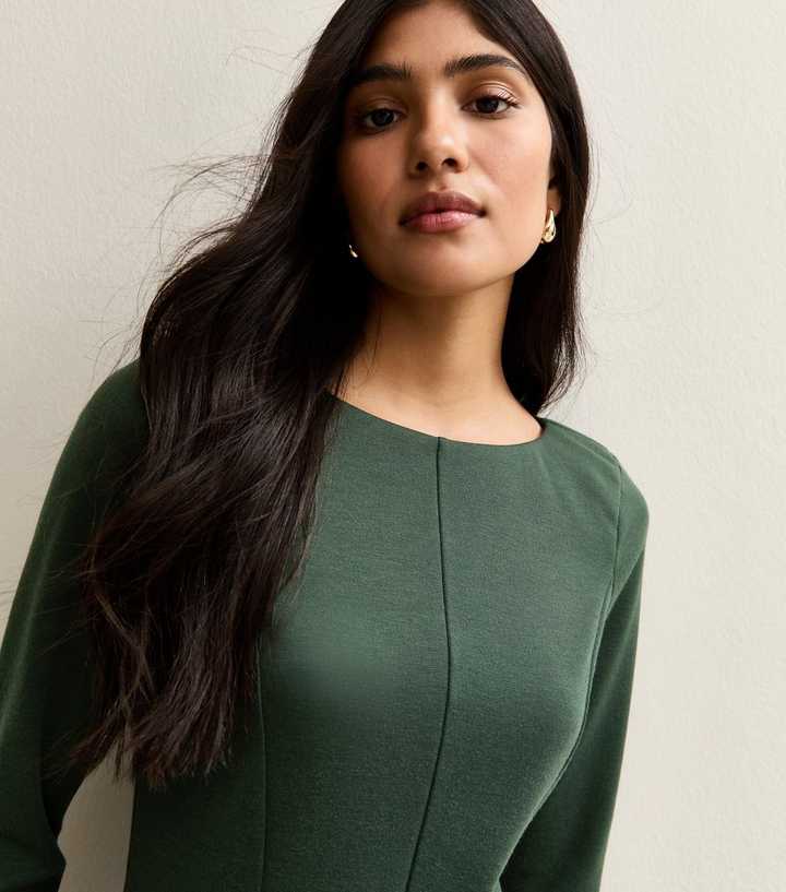 Dark Green Slash Neck Long Sleeve Skater Dress | New Look