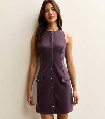 Purple Panelled Button Up Mini Pinafore Dress