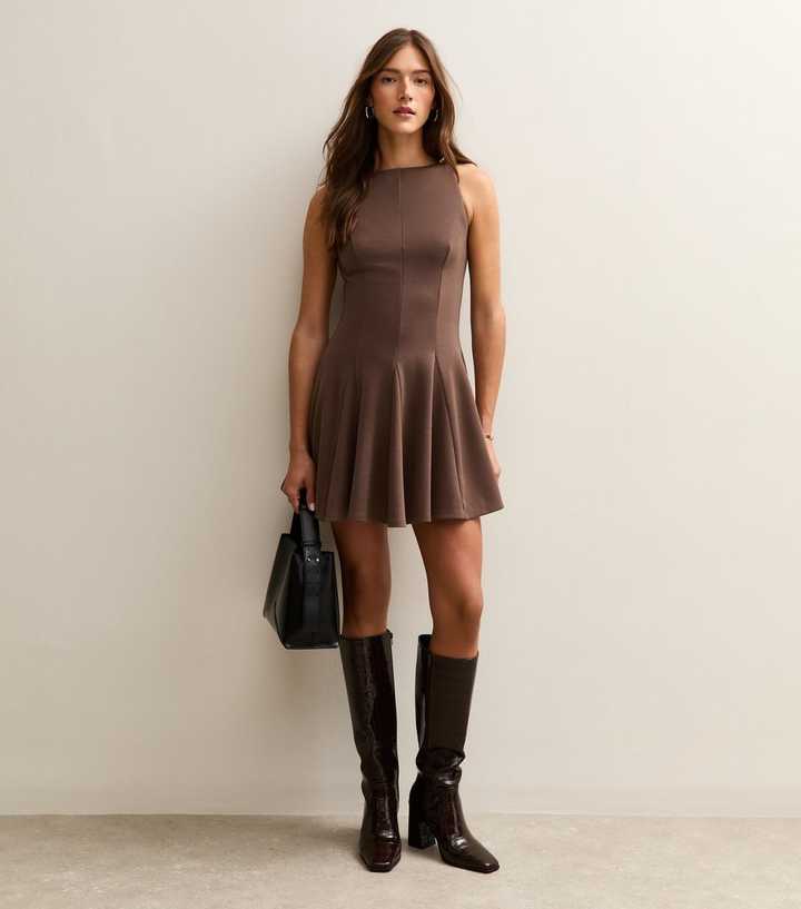 Dark Brown Pleated Skater Mini Dress