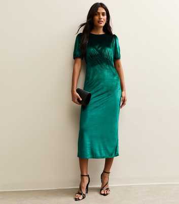 Dark Green Velvet Puff Sleeve Midi Dress
